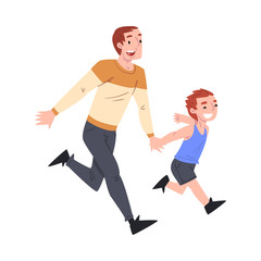 Sticker - Dad and his Son Running Together Holding Hands, Father and his Kid Having Good Time Together Cartoon Style Vector Illustration