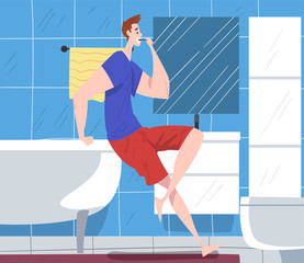 Sticker - Man Sitting on Edge of Bathtub in front of Mirror and Brushing His Teeth, Daily Routine, Hygiene Procedures in Bathroom Cartoon Vector Illustration