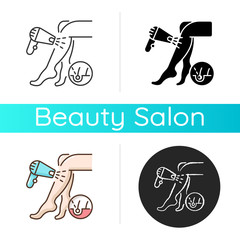 Wall Mural - Laser hair removal icon. Depilation procedure. Device for shaving unwanted hair. Epilator. Personal hygiene. Beautician services. Linear black and RGB color styles. Isolated vector illustrations