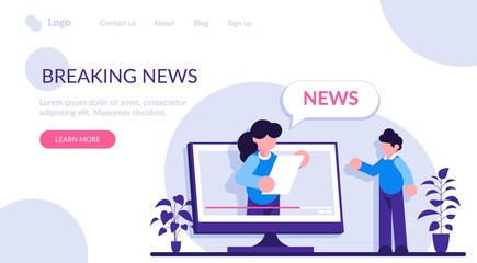 Video news concept. The TV presenter talks about the current news. Man watches a TV show on a monitor screen. Modern flat illustrator.