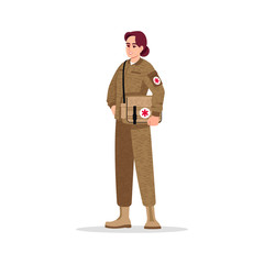 Wall Mural - Military doctor semi flat RGB color vector illustration. Military surgeon. Noncombatant doctor. Young caucasian woman working as combat medic isolated cartoon character on white background