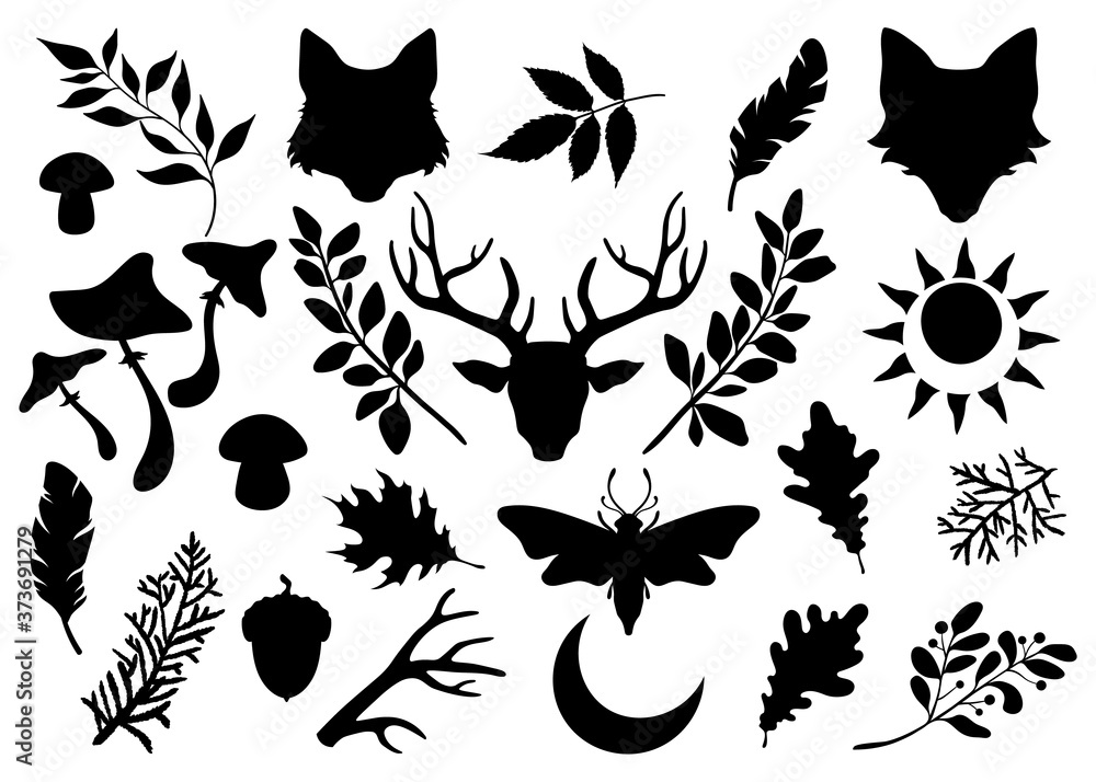 Black silhouettes of animals and plants on a white background. The head of a deer, wolf and fox. Forest set - obrazy, fototapety, plakaty 