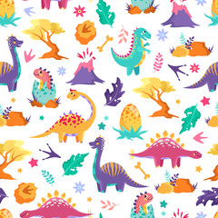  Little cute dinosaurs on a white background. Baby print, seamless pattern.