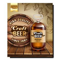 Canvas Print - Craft Beer Creative Promotional Poster Vector. Blank Beer Bottle And Wooden Barrel, Hops Plant Leaves Advertise Marketing Banner. Pub Alcoholic Beverage Color Concept Layout Illustration