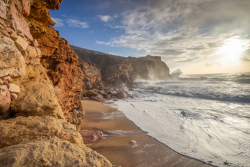 Wall Mural - Restless sea at North Beach of famous Nazare, Portugal