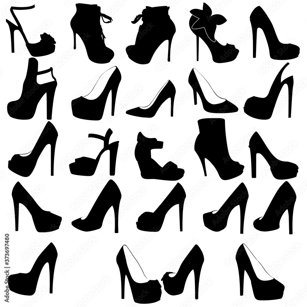 Women's shoes silhouette, set with heels and platform - obrazy, fototapety, plakaty 