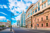 Fototapeta Mapy - Moscow / Russia - 16 Aug 2020: Panoramic view of Moskovskaya street with a view of the high-rise business center 