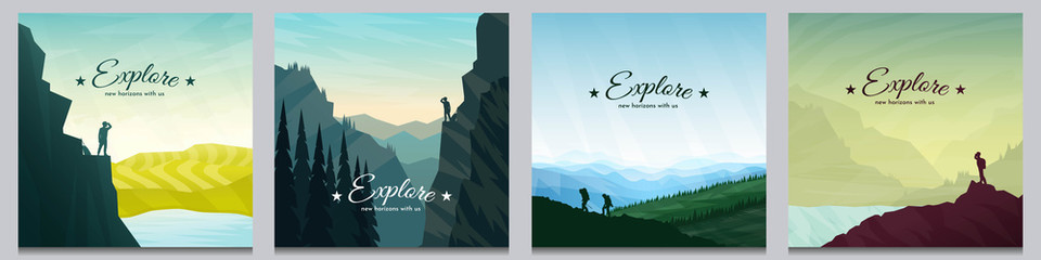 Vector brochure cards set. Travel concept of discovering, exploring and observing nature. Hiking. Climbing. Adventure tourism. Flat design for social media, blog post, poster, invitation, gift card.