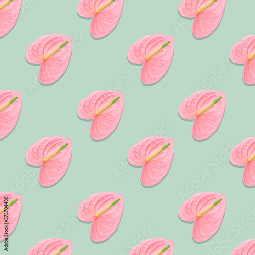 Pattern of pink flowers on a pastel green background.