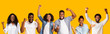 Collage of happy black people celebrating success on yellow