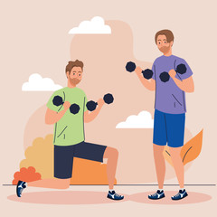 Poster - men doing exercises with dumbbells, sport recreation exercise vector illustration design