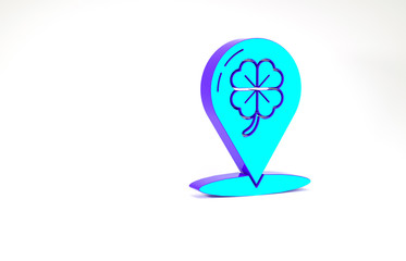 Turquoise Four leaf clover icon isolated on white background. Happy Saint Patrick day. Minimalism concept. 3d illustration 3D render.