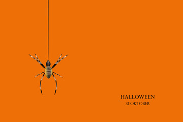 A black spider hangs on a web. Scary spiderweb of halloween symbol. Realistic  silhouette.Vector illustration.
