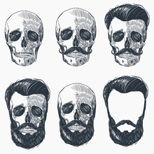 Skulls With Hipster Hair And Beards, Vector Illustration Set.