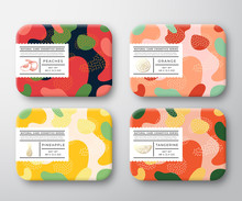 Bath Care Cosmetics Boxes Set. Vector Wrapped Containers Label Cover Collection. Packaging With Hand Drawn Peach, Orange, Tangerine And Pineapple. Abstract Camo Background Pattern Layout.