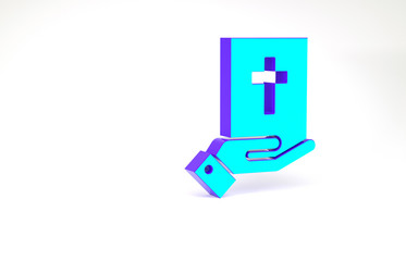 Sticker - Turquoise Oath on the Holy Bible icon isolated on white background. The procedure in court. Truth and truth. Promise before god. Minimalism concept. 3d illustration 3D render.