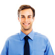Portrait image of happy smiling young businessman looking at camera, isolated against white background. Handsome man in blue confident clothing at studio. Studio composition picture.