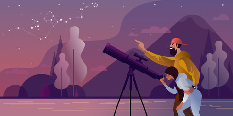 Wall Mural - Young couple on vacation in the mountains looks through a telescope at the constellation Hydra. Flat graphic vector illustration.