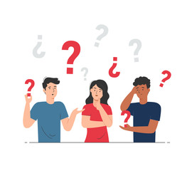 People holding question mark. Doubts, curious, thoughts, confused, problem. Questions concept illustration