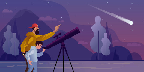 dad and son watch a comet fall through a telescope. flat vector illustration.
