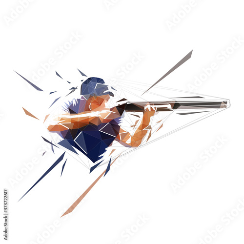 Cuadros en Lienzo Trap shooting, aiming athlete with gun, low polygonal isolated vector illustration