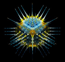 3d Render Of Abstract Art Of Surreal Fractal Glowing Symmetry Cube Or Star With Sharp Dangerous Spikes In Glossy Shiny Glass Material In Blue And Yellow Gradient Color On Black Background