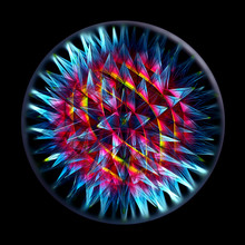3d Render Of Abstract Art Of Surreal 3d Glass Ball With Alien Fractal Flower Inside With Spikes Based On Triangle Pattern In Red Yellow And Blue Gradient Neon Light Color On Black Background