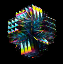 3d Render Of Abstract Art Of Surreal Futuristic Computer 3d Fractal Transformed Cube Based On Geometry Polygon Triangles In Glass Material In Rainbow Spectrum Gradient Color On Black Background