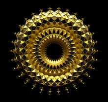 3d Render Of Abstract Art Of Surreal Mandala Symbol Of Sun Based On Spherical Fractal Ring Or Torus Geometry Shape In Matte Metal Yellow Gold Material In The Dark On Black Background