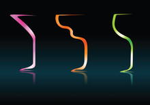 Colorful Outlines Of Three Glasses Isolated On Dark Background. Cocktail Party Banner Template.