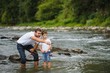 © Serhii - A father teaching his son how to fish on a river outside in summer sunshine. father's day.
