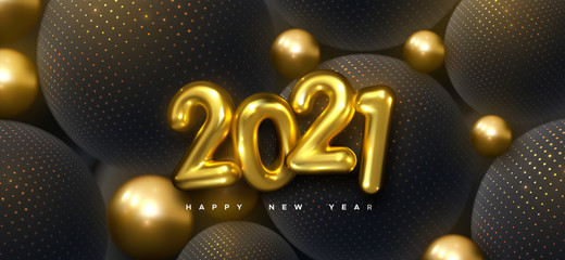 Happy New 2021 Year. Holiday vector illustration of golden 3d numbers 2021 and abstract shimmering balls or bubbles. 3d sign. Festive poster or banner design. Party invitation