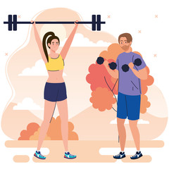 Wall Mural - couple doing exercises outdoor, sport recreation concept vector illustration design