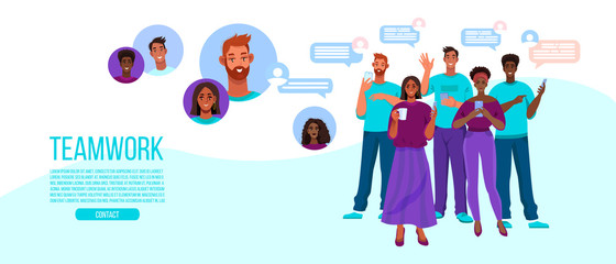 Online teamwork and group chat illustration with different people, avatars, messages. Virtual meeting with diverse freelancers communicating in internet.Group chat vector banner with young colleagues