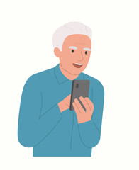 Wall Mural - Elderly man looks into the smartphone. Vector flat style illustration.