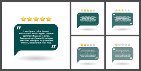 Set of blocks of quotes for statements or comments on a white background. Speech bubble templates with space for text and five stars, number of reviews.  