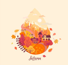Autumn Drop With Fall Landscape Inside: Yellow Trees, Maple And Oak Leaves Around, Houses, Mountain And Birds. Symbol Of New Season And Panoramic Of Countryside. Vector Illustration.