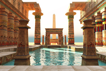 egyptian pool with obelisk - ornate egyptian architecture with hieroglyphs surround a pool in histor