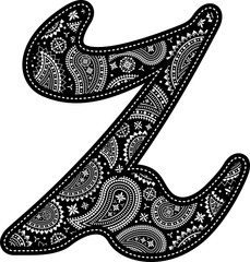 Wall Mural - capital letter Z with paisley pattern design. Embroidery style in black color. Isolated on white