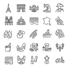 France, Icon Set. French Traditions, Landmark, Clothing, Buildings, Linear Icons. Line With Editable Stroke
