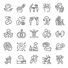 Psychology, Icon Set. Mind And Behavior, Linear Icons. Group Psychotherapy. Conscious And Unconscious Phenomena. Line With Editable Stroke