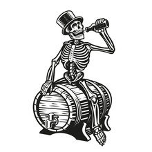 A Skeleton Is Drinking A Bottle Of Beer Sitting On A Barrel. Black And White Vector Illustration For Beer Theme.