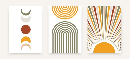 abstract sun moon poster set. contemporary minimalist backgrounds modern boho style. mid century wal