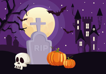 Wall Mural - happy halloween card with skull and pumpkin in cemetery scene