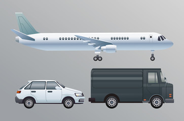 Wall Mural - white airplane and car with van transport vehicles