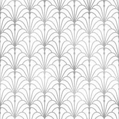 Wall Mural - Art deco fan. Silver geometric seamless pattern. Arc deco graphics trellis. Stylish flower repeat background. Nouveau gatsby design prints. Classic Chinese oriental shell texture. Ornate scale. Vector