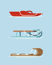 Set Of Different Types Of Snow Sleds. Cool Vector Flat Design On Winter Season Recreational Gear. Modern Plastic, Metal Frame And Wooden Snow Sleighs