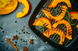 Grilled and baked pumpkin. Autumn harvest of vegetables and pumpkin dishes.