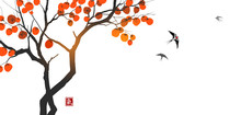 Persimmon Tree With Big Orange Fruits And Little Swallows In The Sky. Translation Of Hieroglyph - Life Energy. Vector Illustration In Japanese Style.