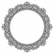 A circular Indian-style pattern with many symmetrical curls and an empty center piece. 2D illustration
